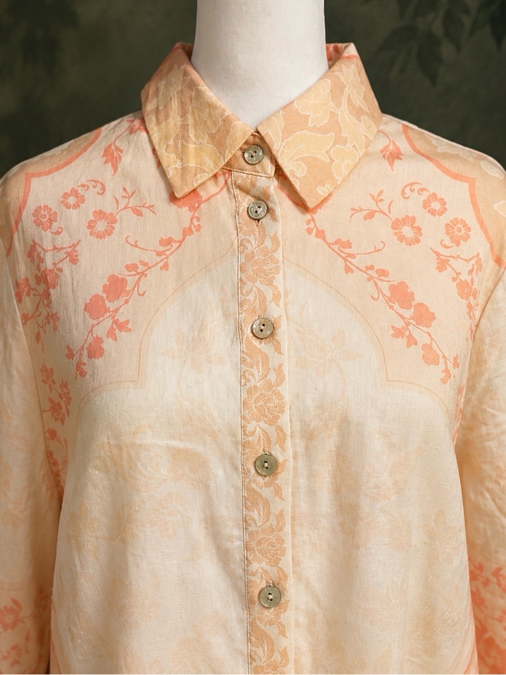 Floral Medallion Pattern, Linen-Blend Coastal Resort Button-Down Top